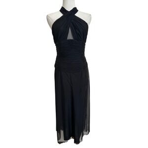 Vicky Tiel Couture Vintage Black Ruched Mesh Boned Halter Dress XS S